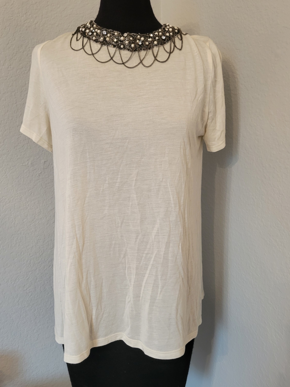 Haute Hippie Ivory Short Sleeve Embellished Neck Tee